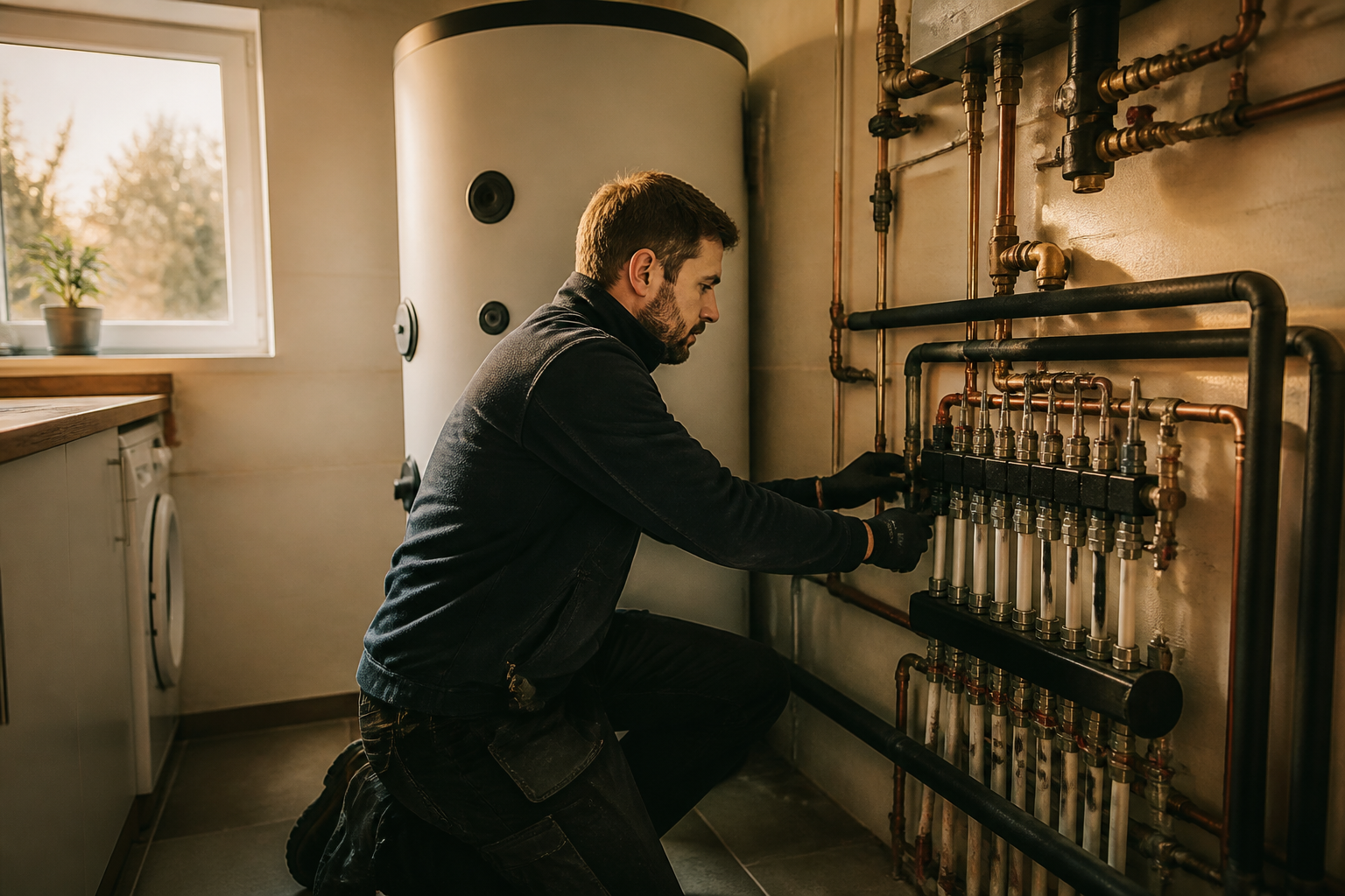 A UK heating engineer connecting copper pipes to an indoor heat pump cylinder unit.