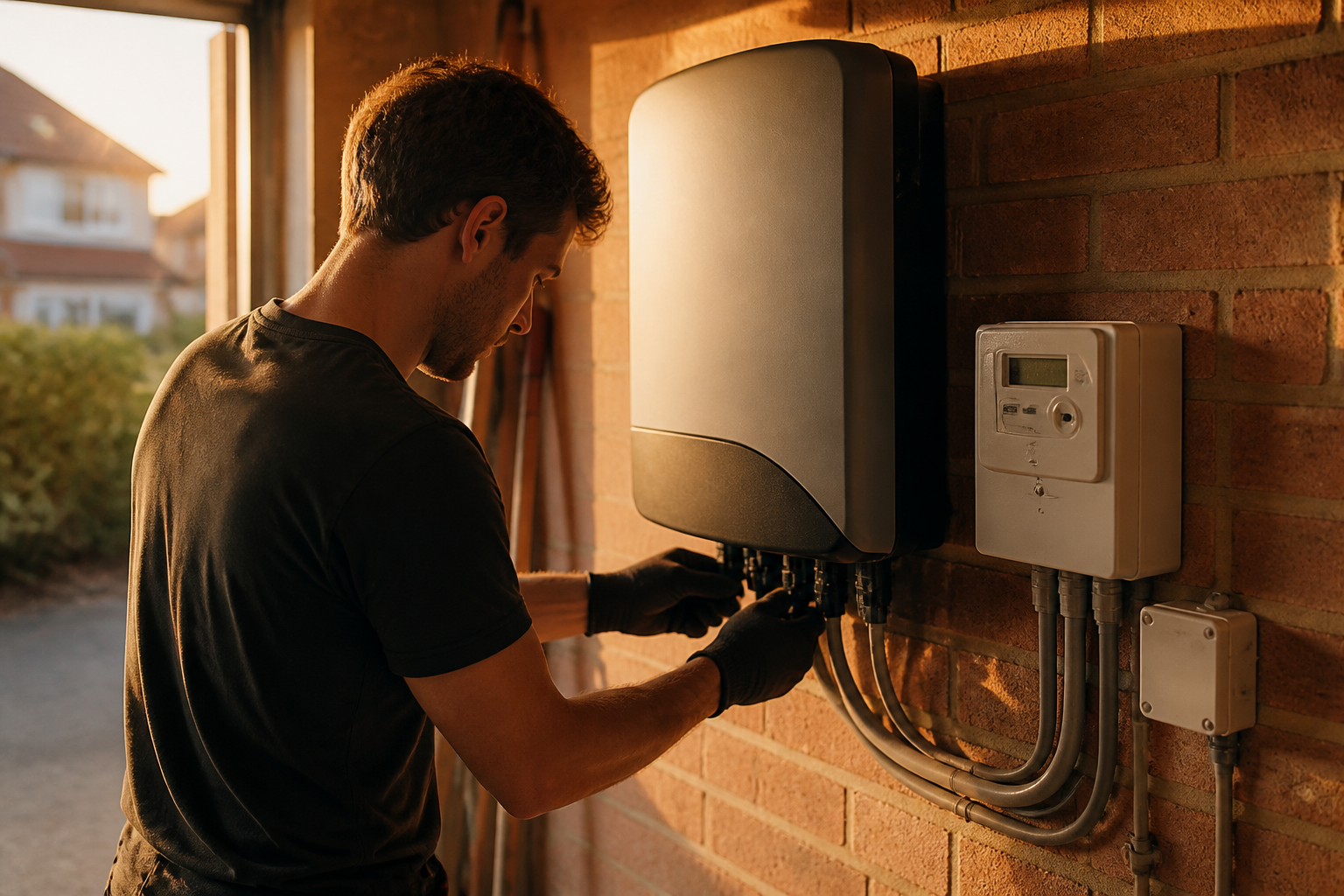 An electrician fitting a solar power inverter next to a UK electricity consumer unit