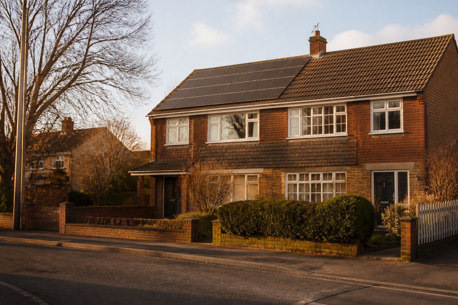 Rooftop solar panel array installed on a suburban UK house