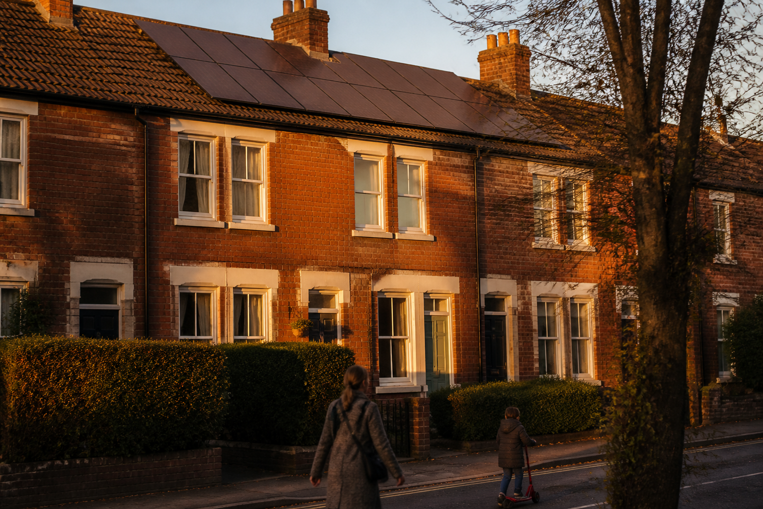 Terraced house in England with solar panels on the roof under daytime skies