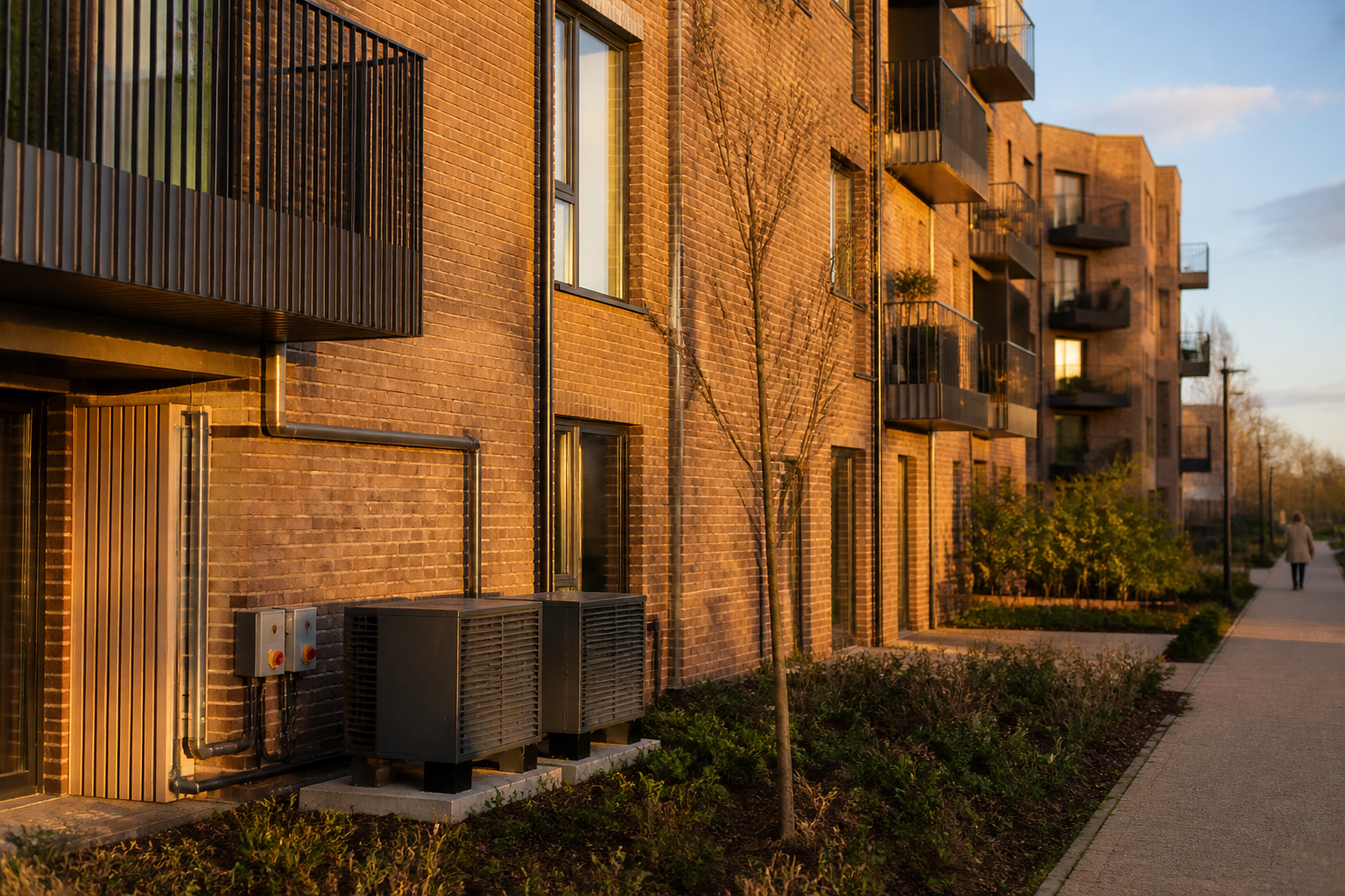 Exterior view of modern British residential flat block connected to central heating infrastructure.