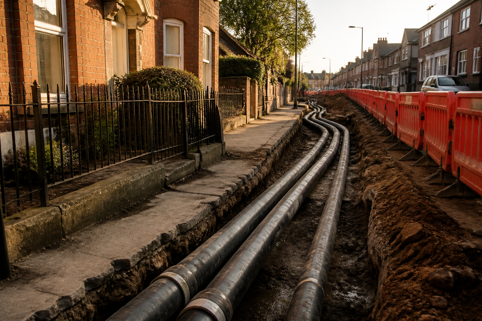 Engineers laying insulated heat network pipes underground on a residential British street.