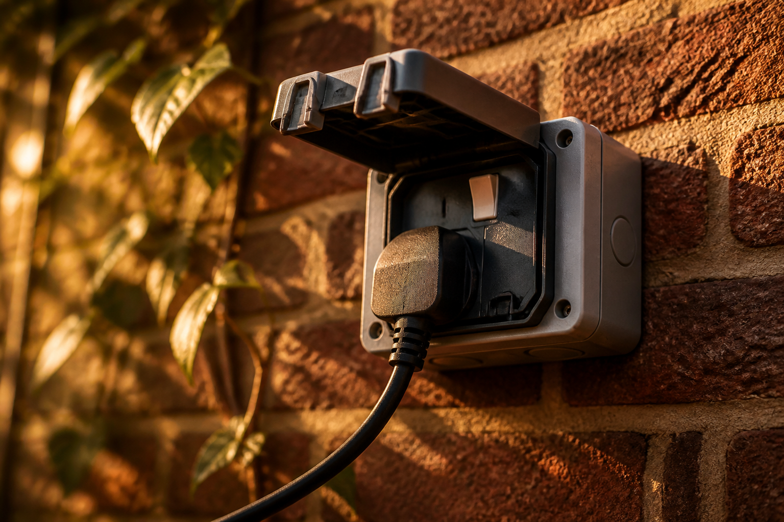 An outdoor RCD electrical socket mounted on an exterior wall.