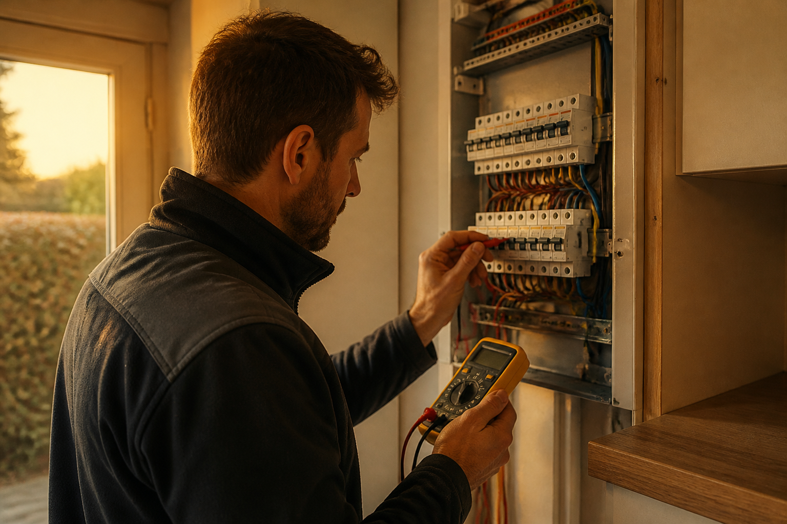An electrician inspecting a house consumer unit during a home energy site survey.