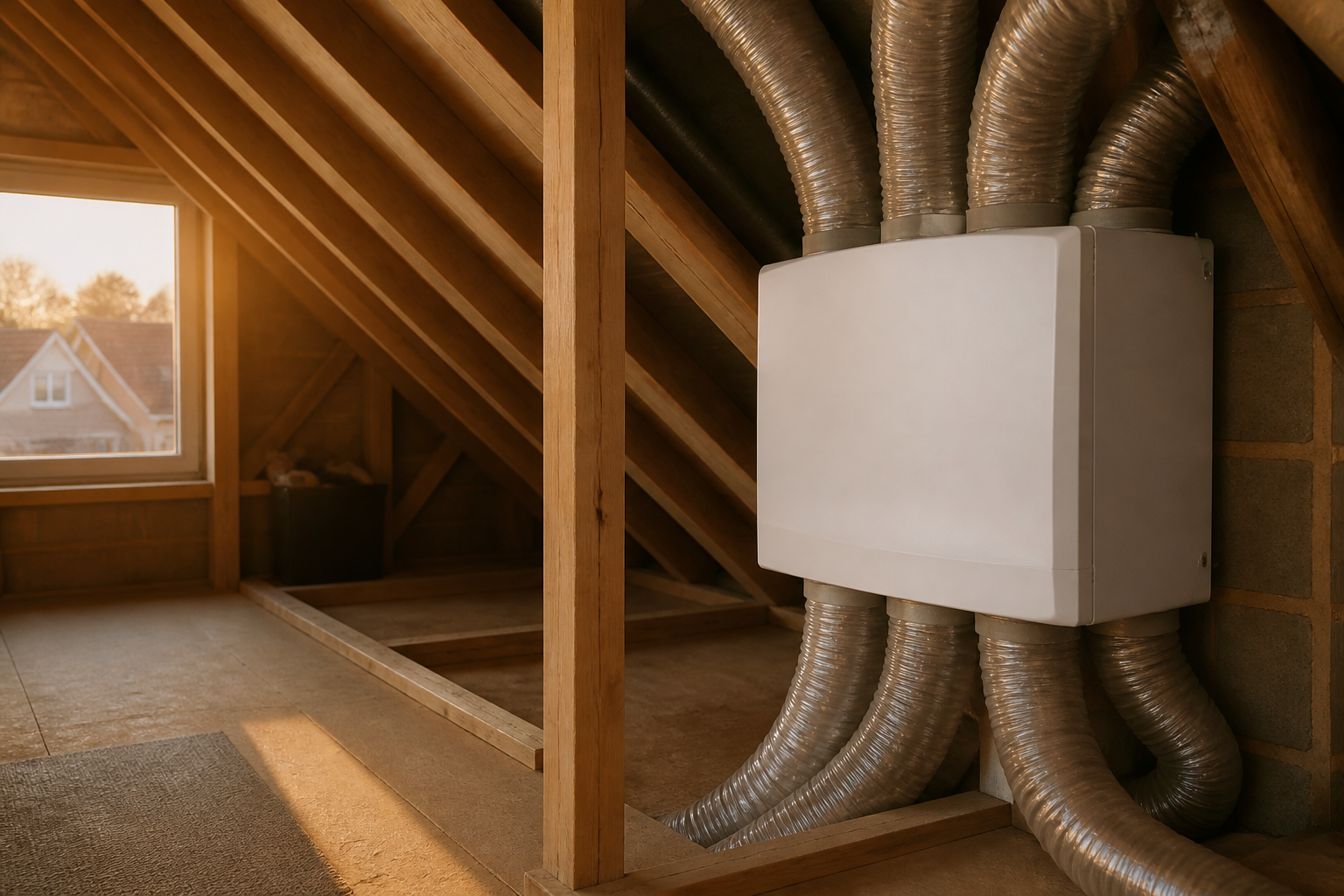 Flexible radial ventilation ductwork in a loft space connected to an MVHR unit.