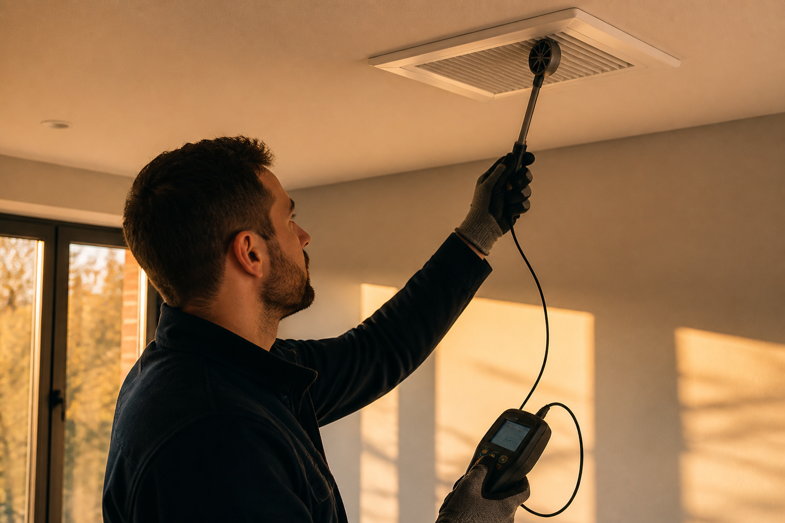 A ventilation installer measuring ceiling vent airflow with an anemometer.