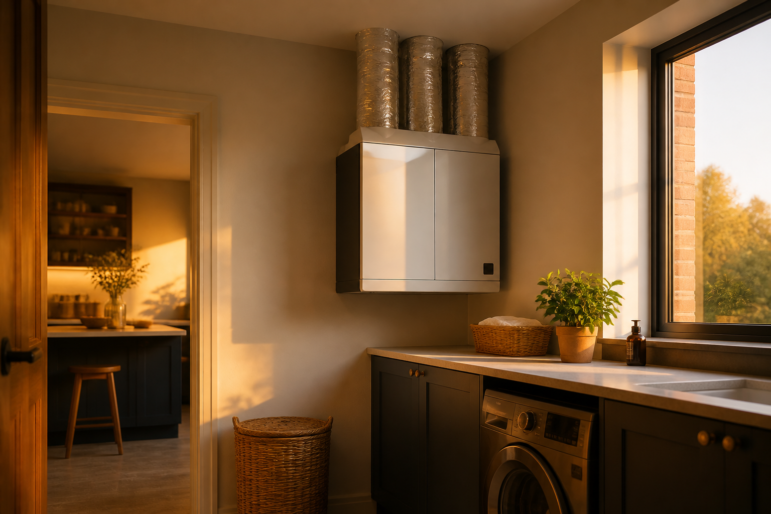 A wall-mounted mechanical ventilation unit with insulated ductwork in a UK domestic room.