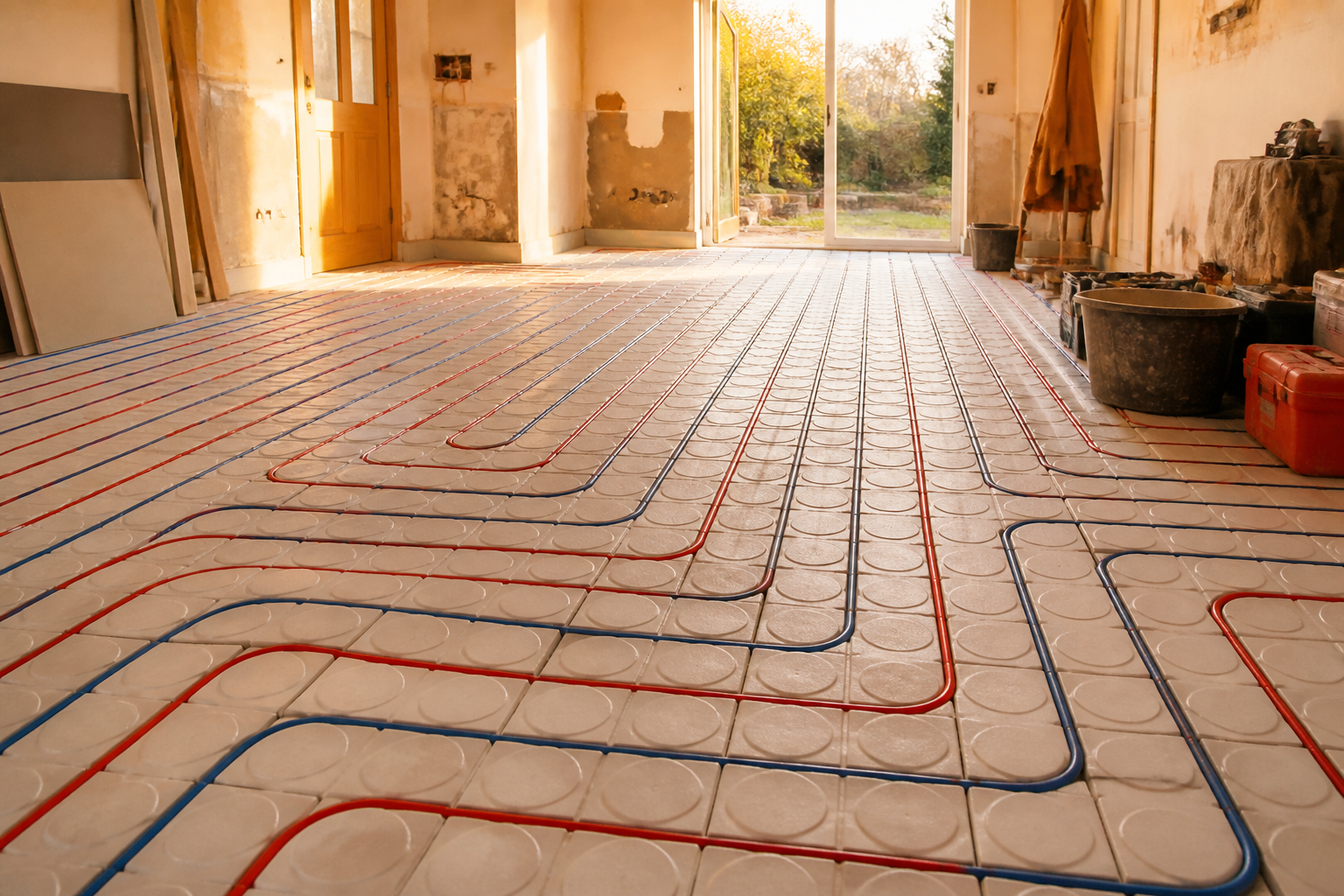 Low profile underfloor heating panels and pipework laid across a UK residential living room floor during installation.