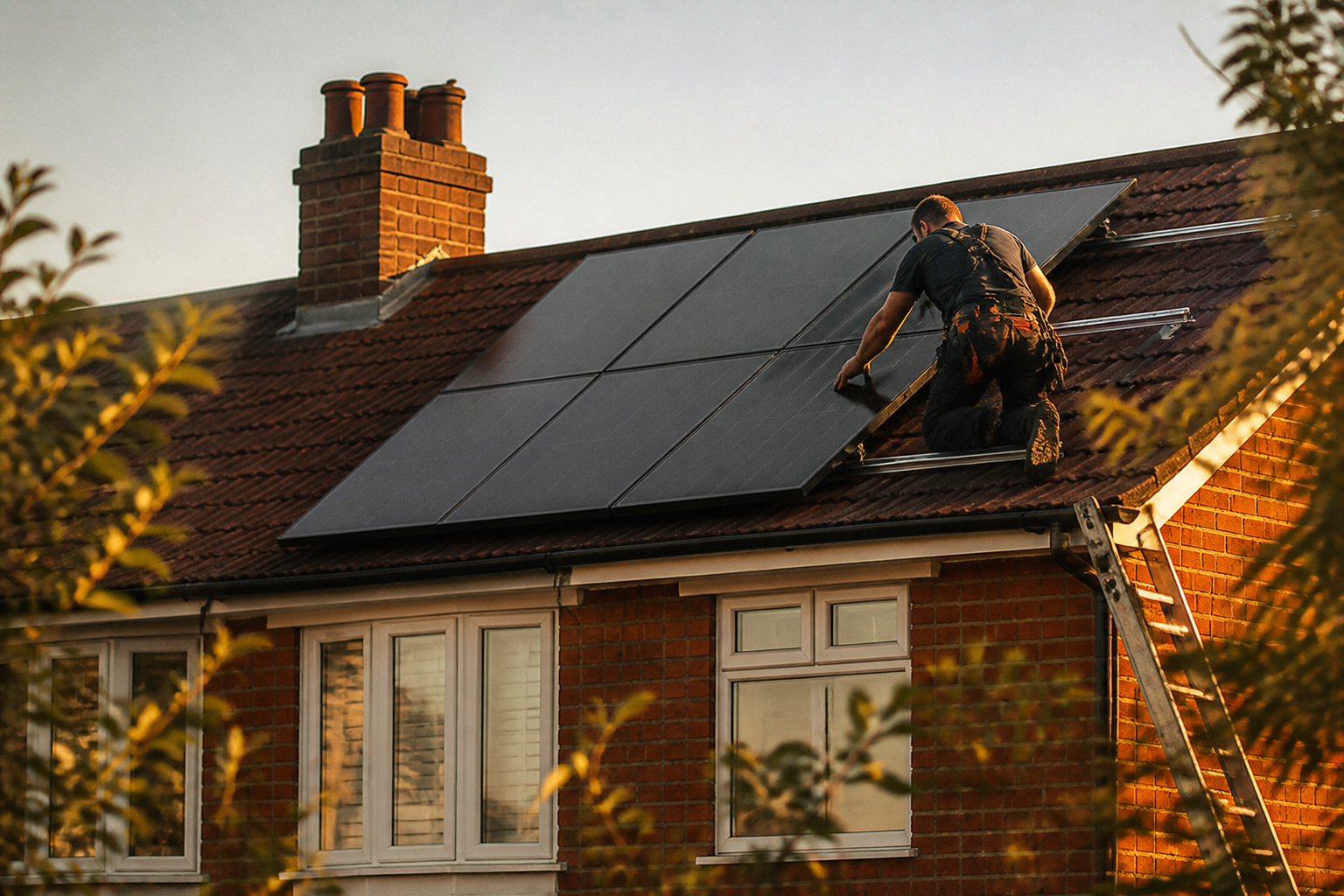 Solar panels being installed on a UK home roof.