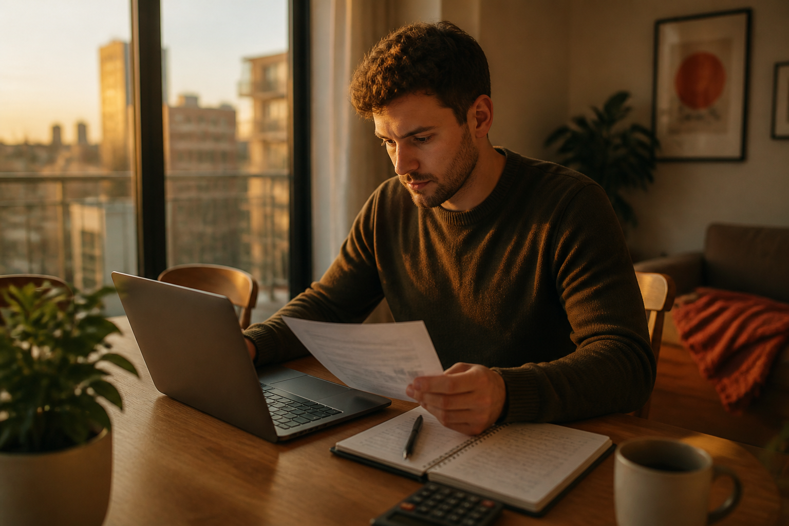 A young UK worker reviewing household utility bills on a laptop at home.