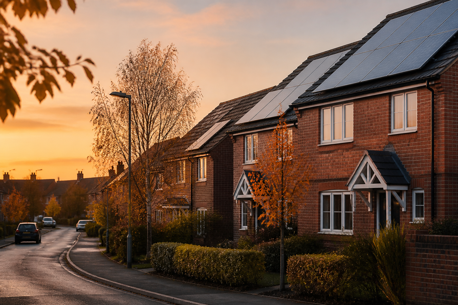 UK suburban residential street showing house roof fitted with solar PV panels