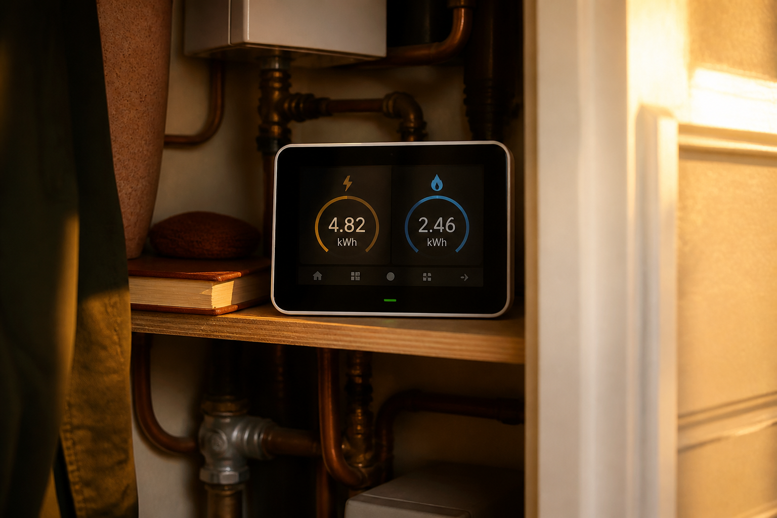 Digital smart meter display inside a UK domestic utility cupboard.