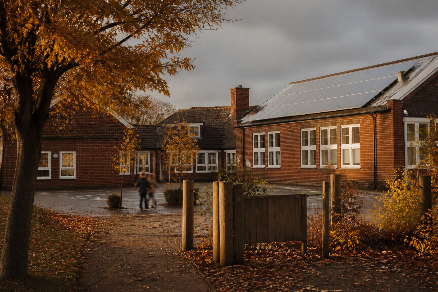 Exterior of a UK primary school building on a crisp autumn morning.