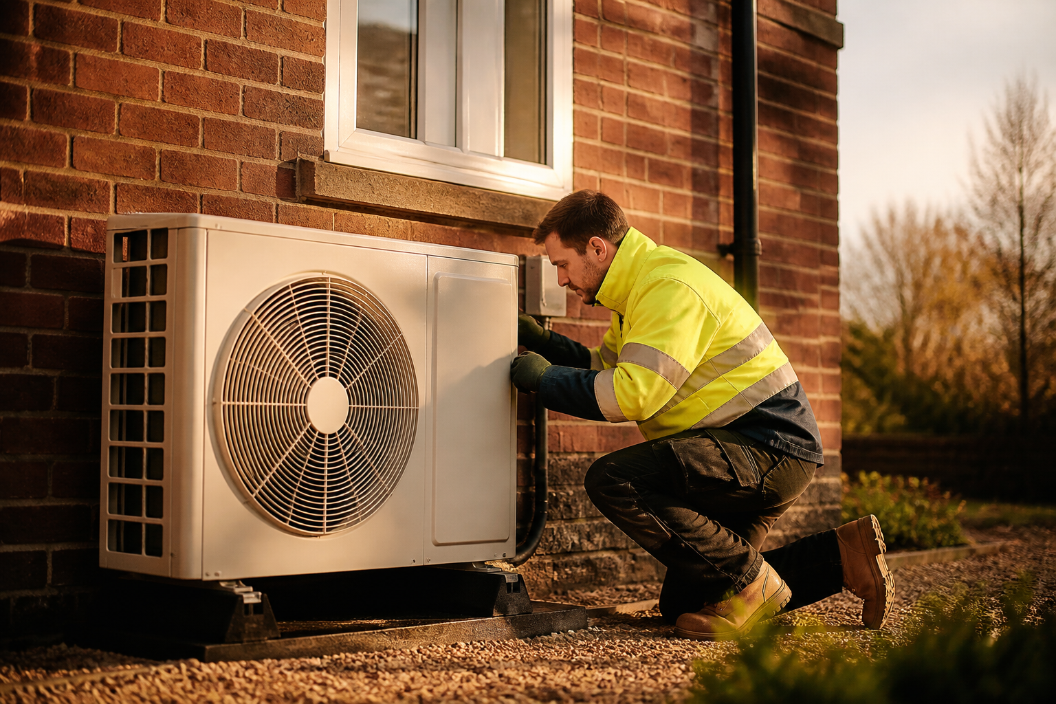 A certified heat pump installer working on an outdoor monobloc heating unit beside a UK house.