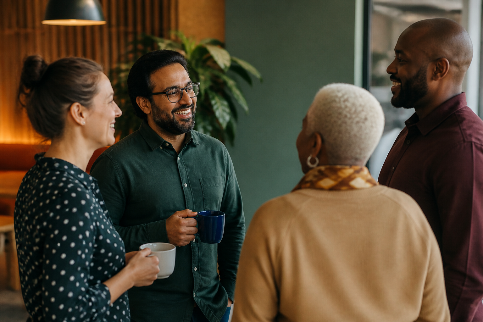 UK office employees taking a coffee break and talking together in a modern staff lounge.