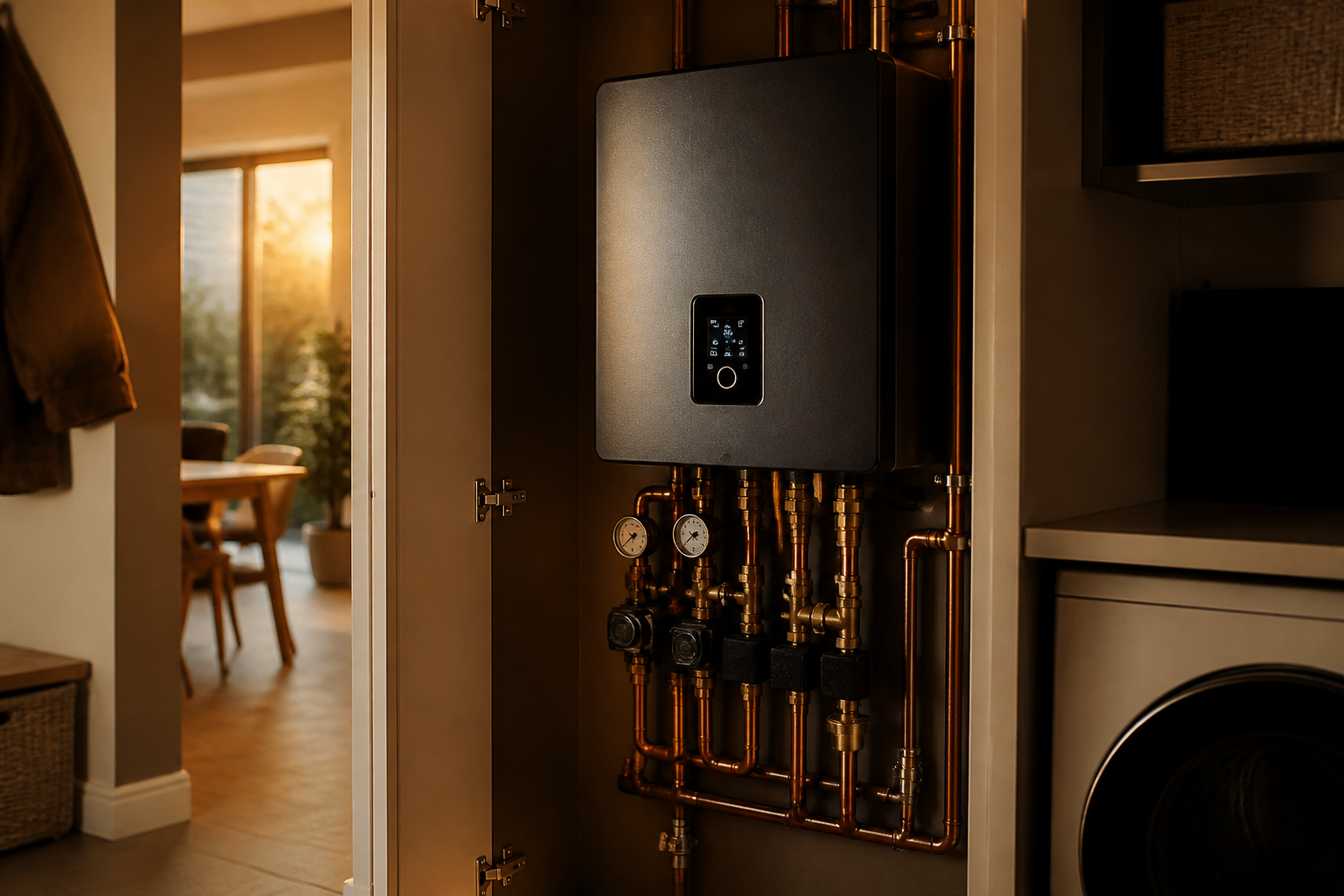 A domestic heat interface unit installed in a modern UK home utility room