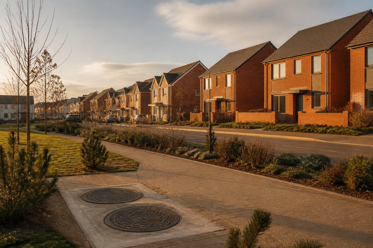 Modern residential development at Seaham Garden Village connected to a mine water heat network