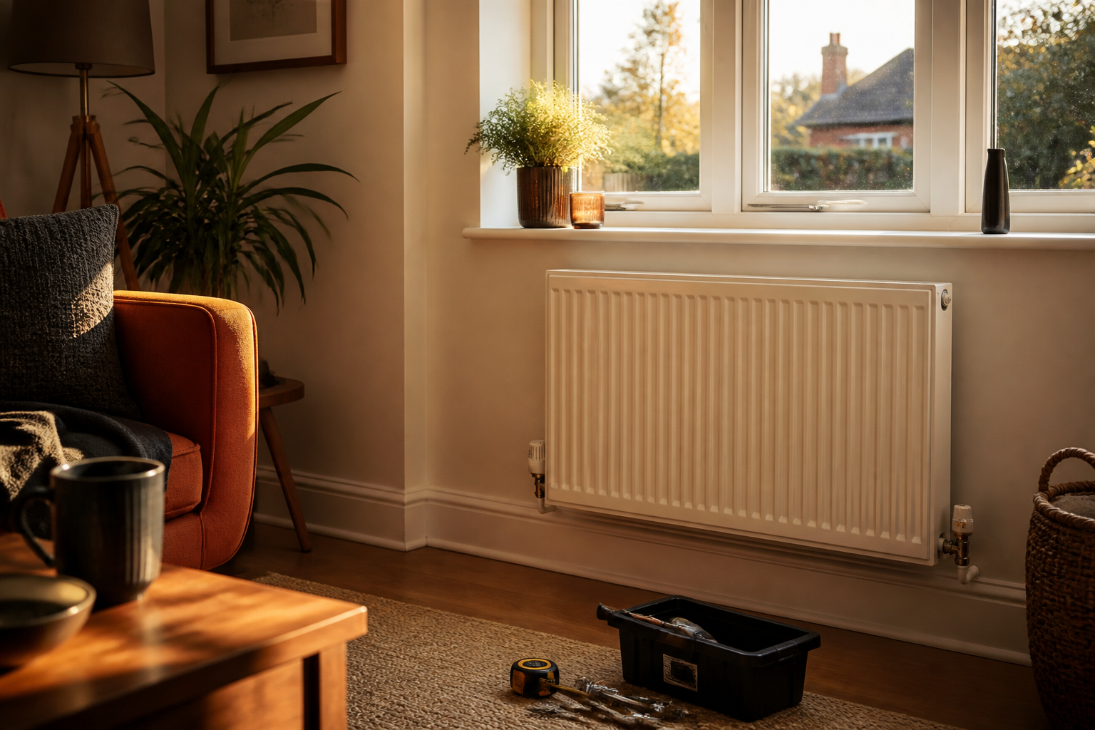 A white double panel radiator installed on a wall beneath a window in a UK home.