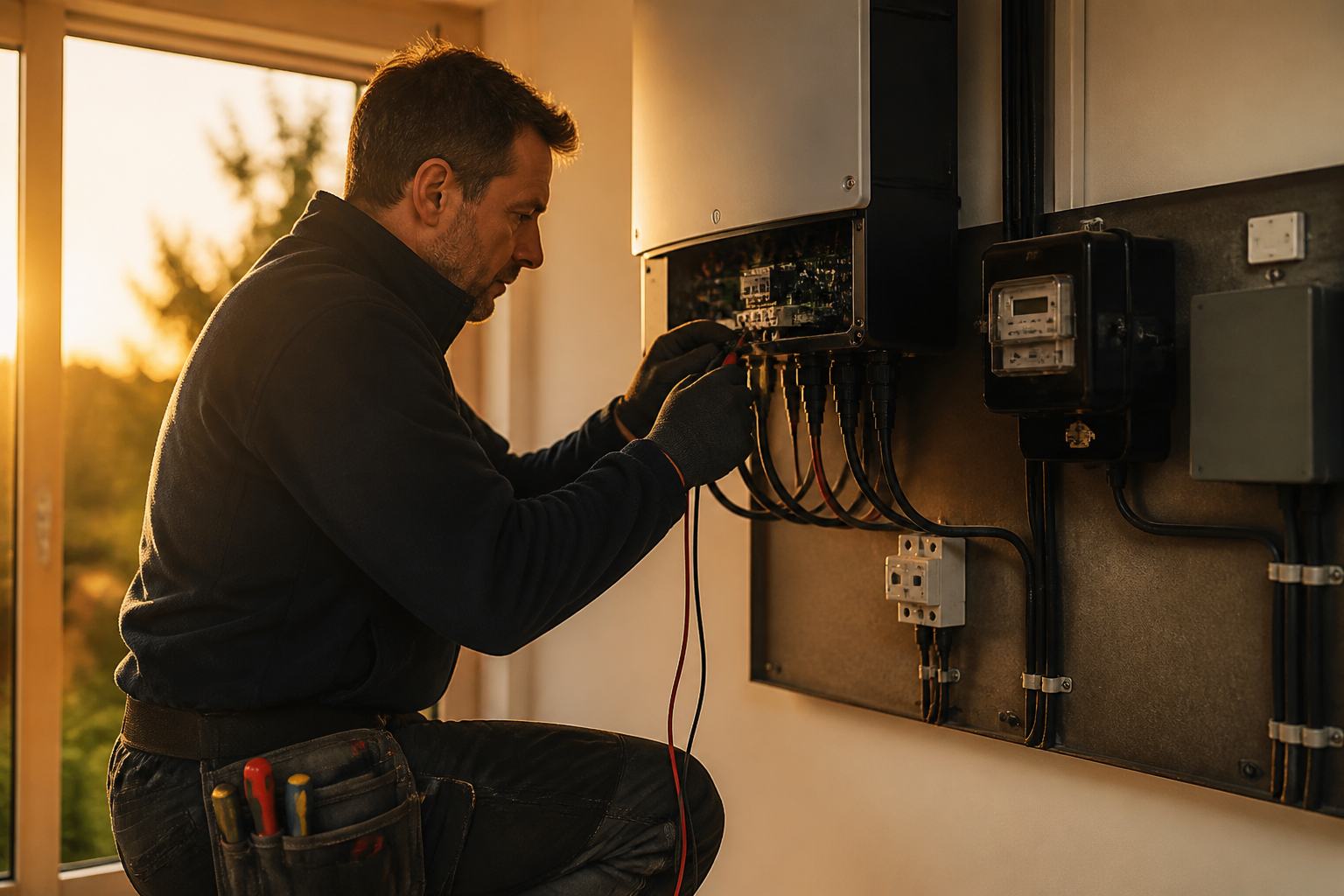 An electrician inspecting solar wiring and smart meter infrastructure inside a UK property.