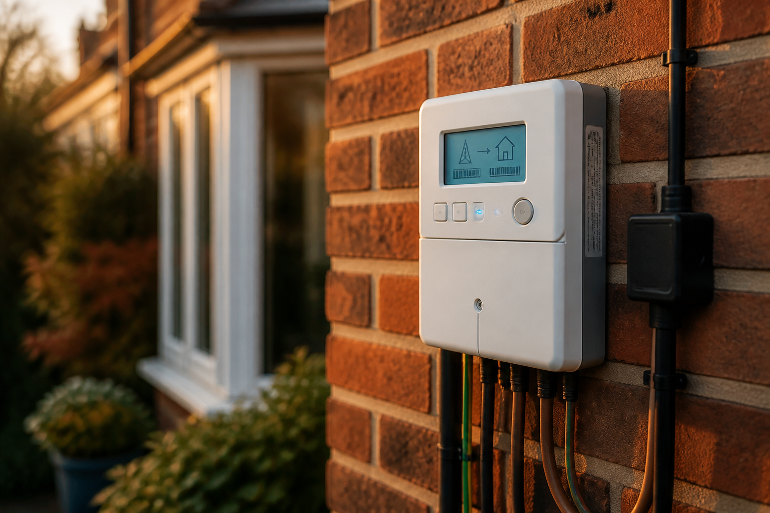 A modern SMETS2 smart energy meter fitted on a brick wall outside a UK home.