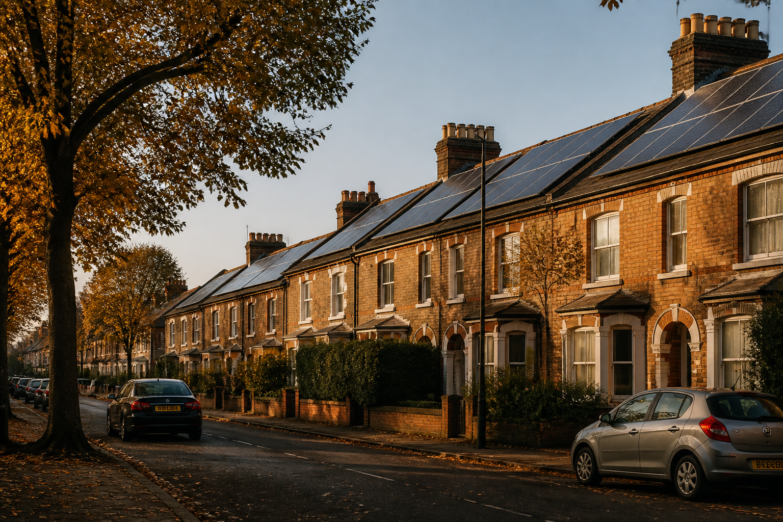 Rooftop solar panel installation on English terraced homes.