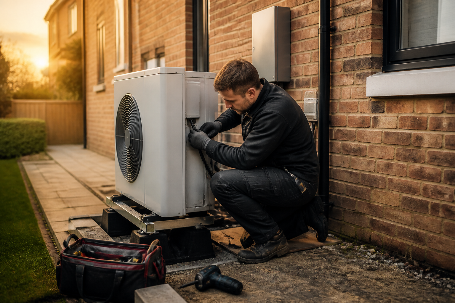 Installer working on an air source heat pump unit outside a UK home.