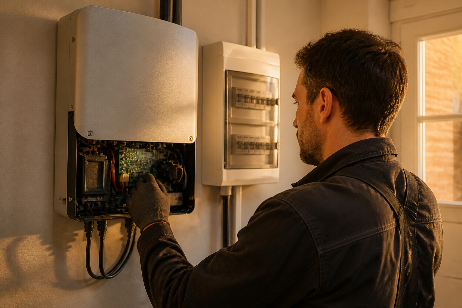 Electrician inspecting a solar string inverter installation in a home utility room