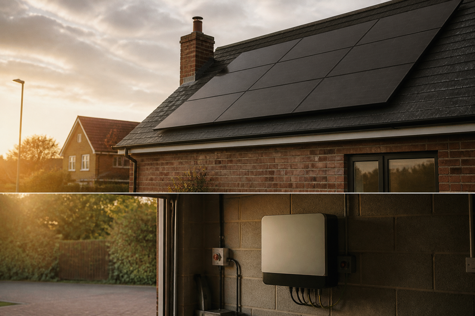 Solar panels on a UK slate roof with a string inverter unit mounted inside a garage