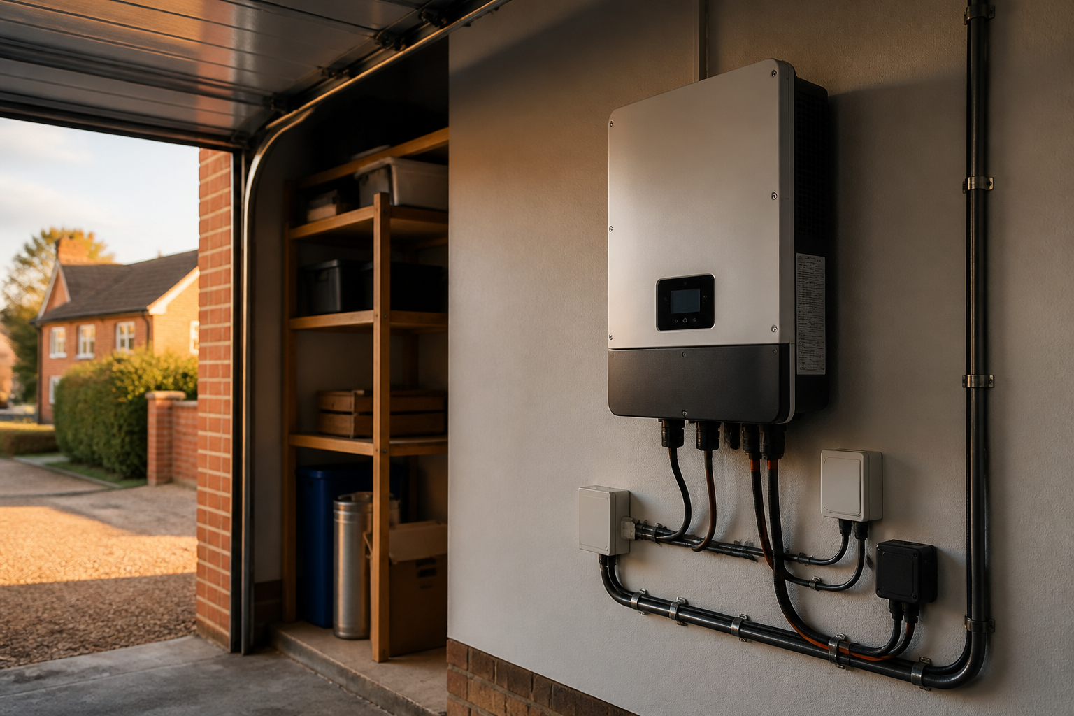 A modern solar inverter installed on a garage wall inside a UK residence