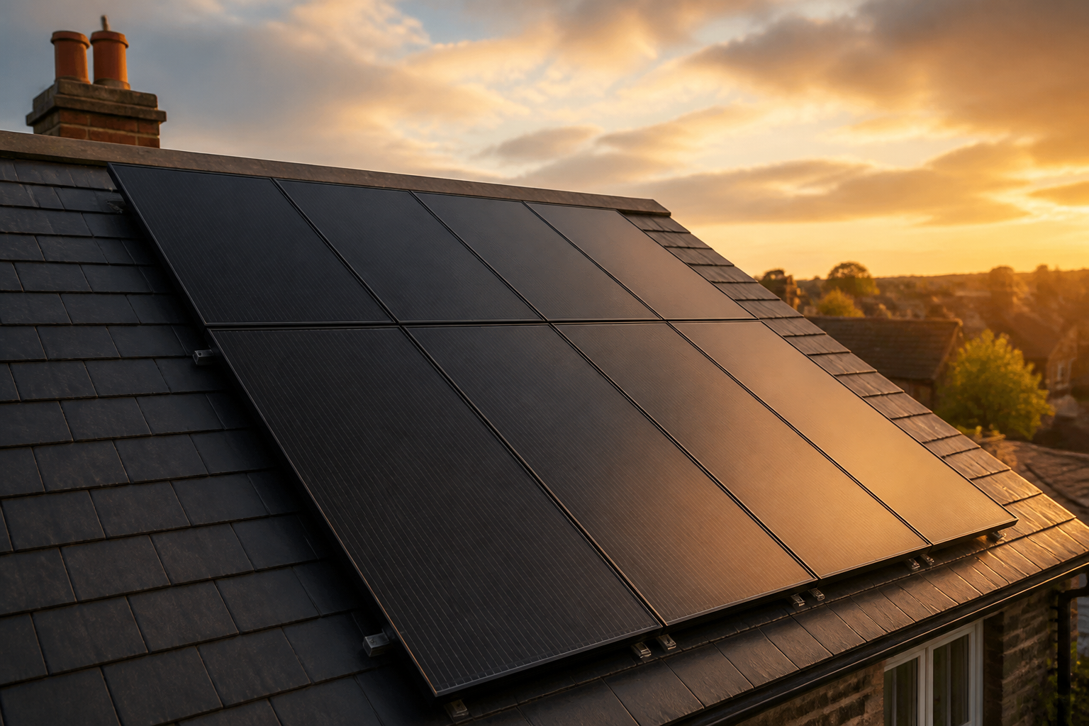 Solar panel array installed on a UK residential rooftop under a partly cloudy sky