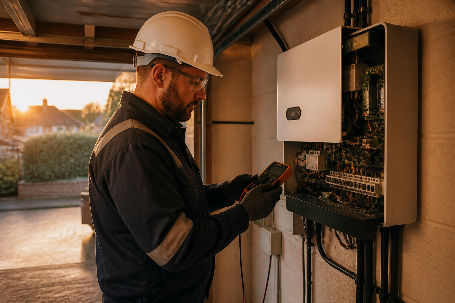 Qualified electrician inspecting solar inverter wiring inside a UK residential garage.
