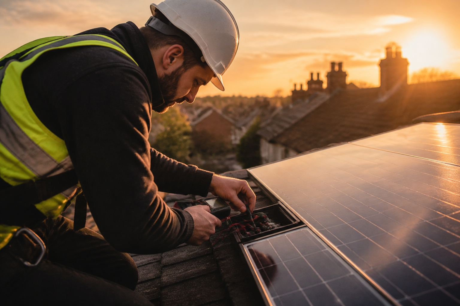 A solar panel installer inspecting panel connections on a home roof.
