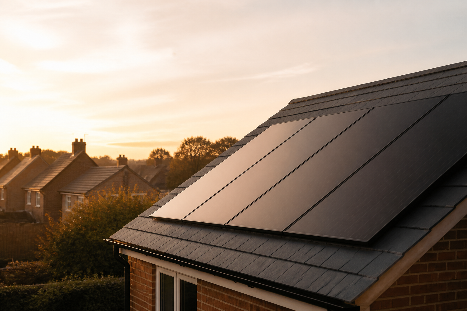 Black solar panels installed on a residential slate roof in the UK.