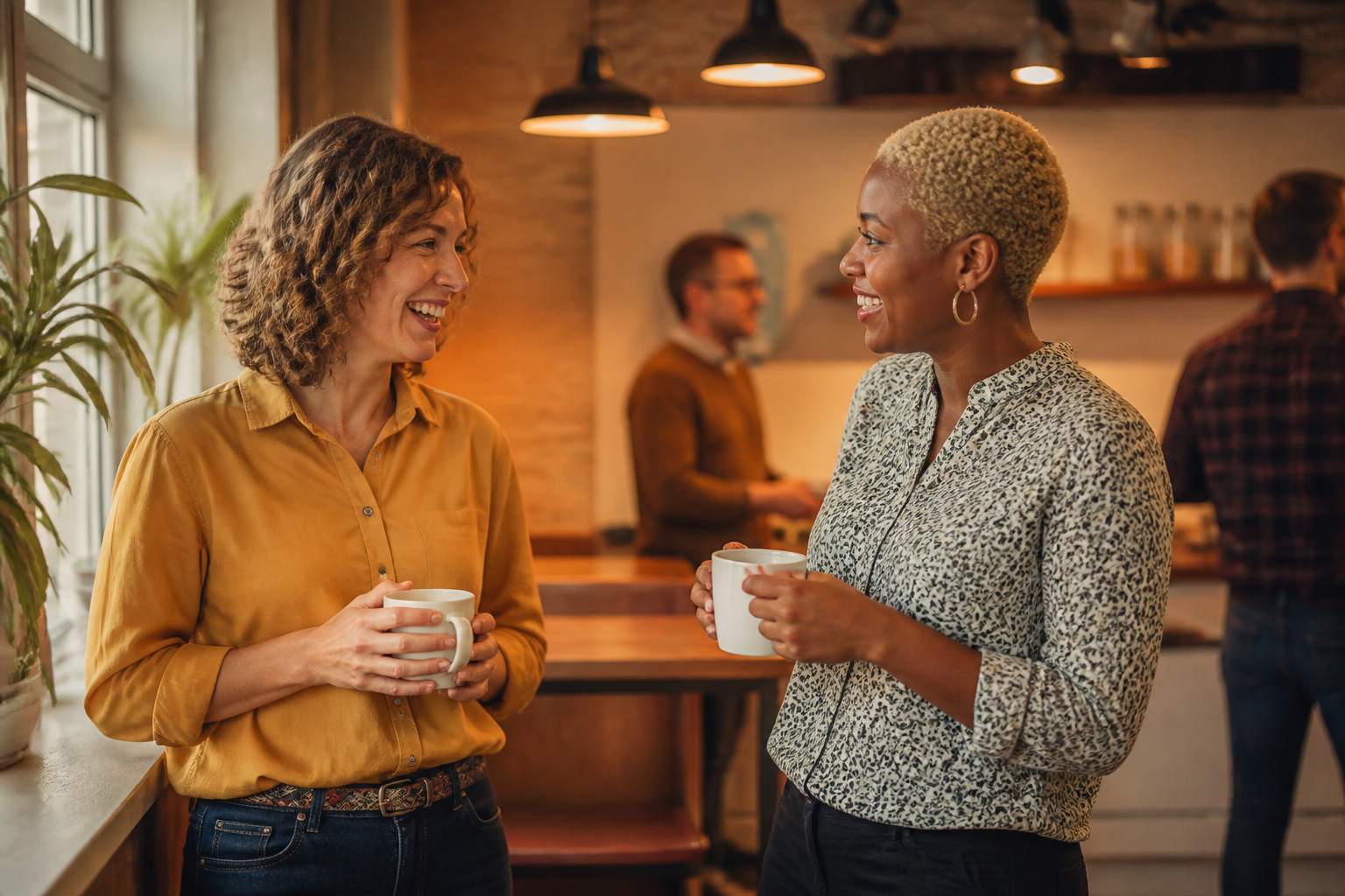 Two office colleagues talking happily in a modern workplace kitchen.