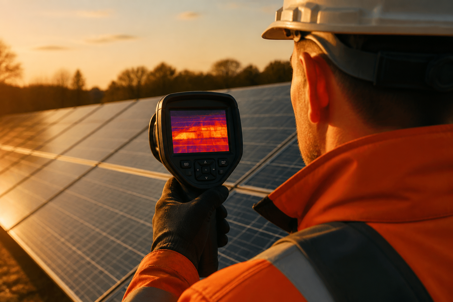 Thermal camera measurement showing temperature variations across a solar panel array