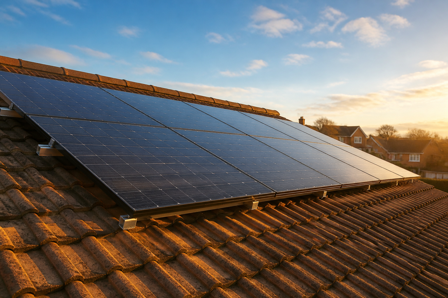 Solar PV array installed on a UK home roof showing ventilation gap below panels