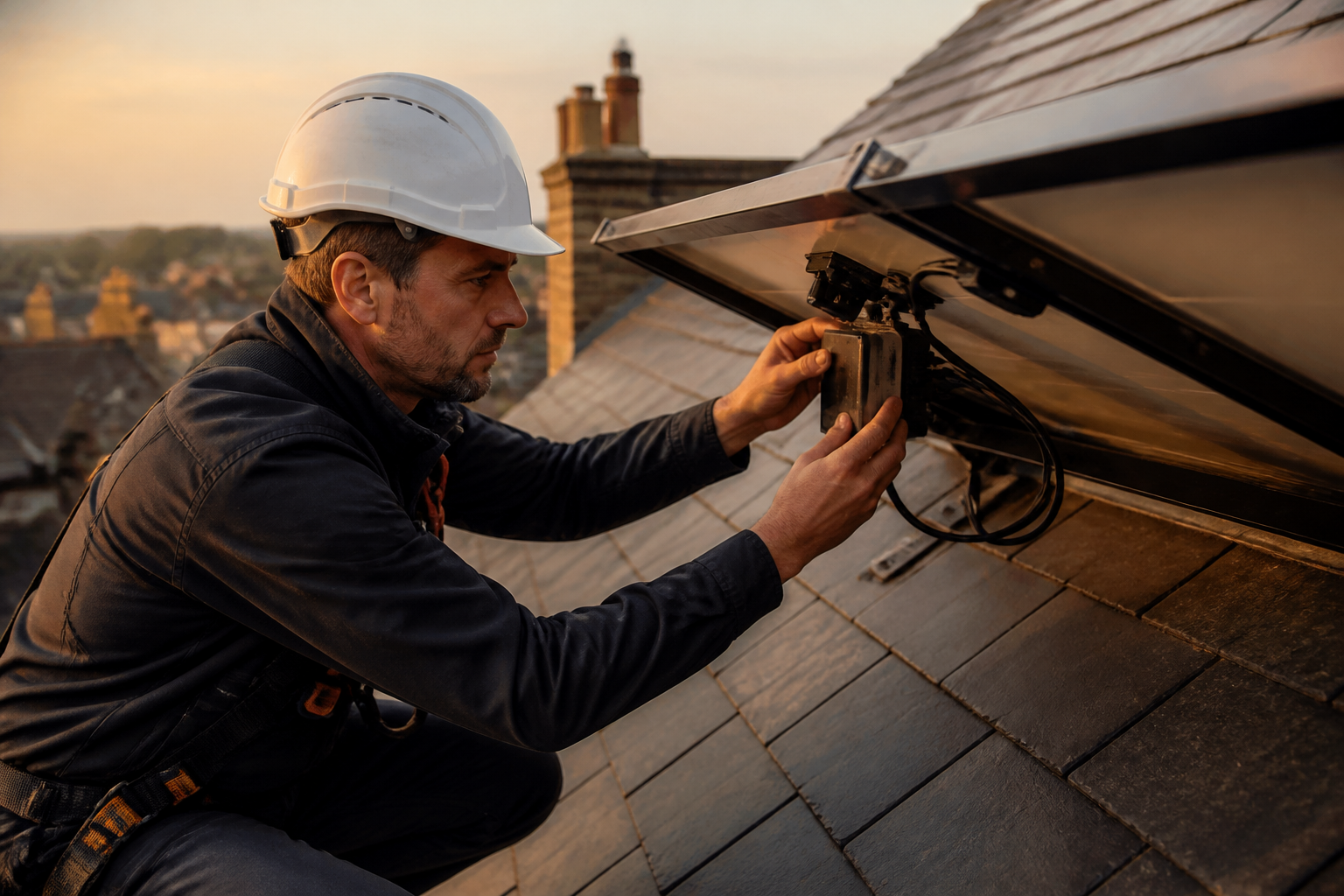 A qualified installer inspecting a solar DC optimiser attached to the frame of a roof-mounted solar panel.