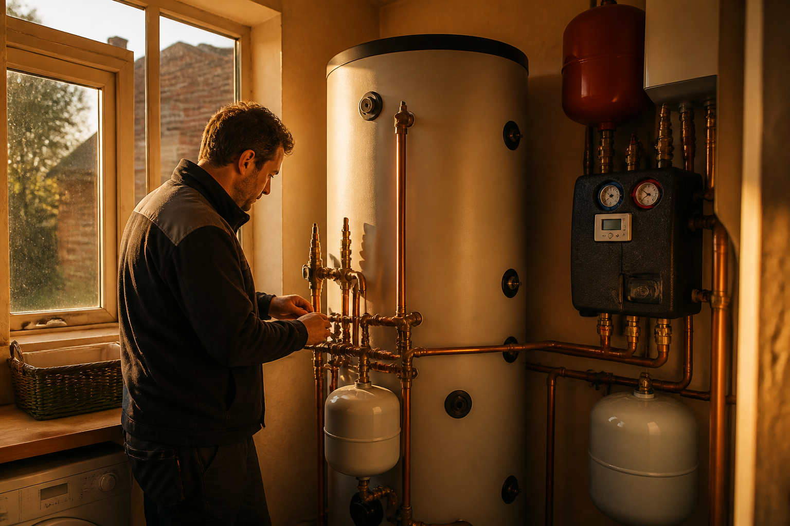 An installer inspecting a solar hot water cylinder and pump station