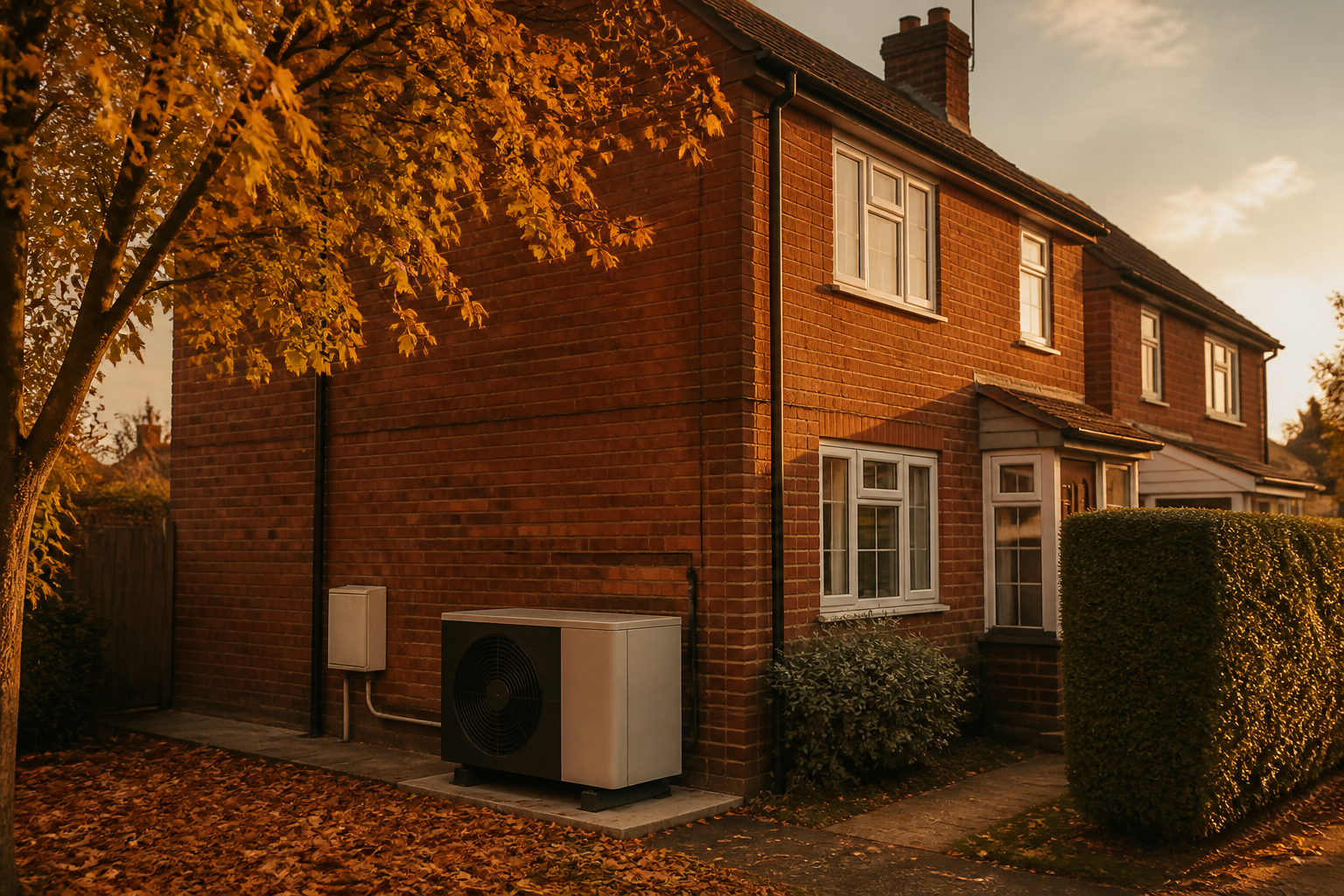 External wall of a UK house showing a gas meter box and a newly installed air source heat pump.