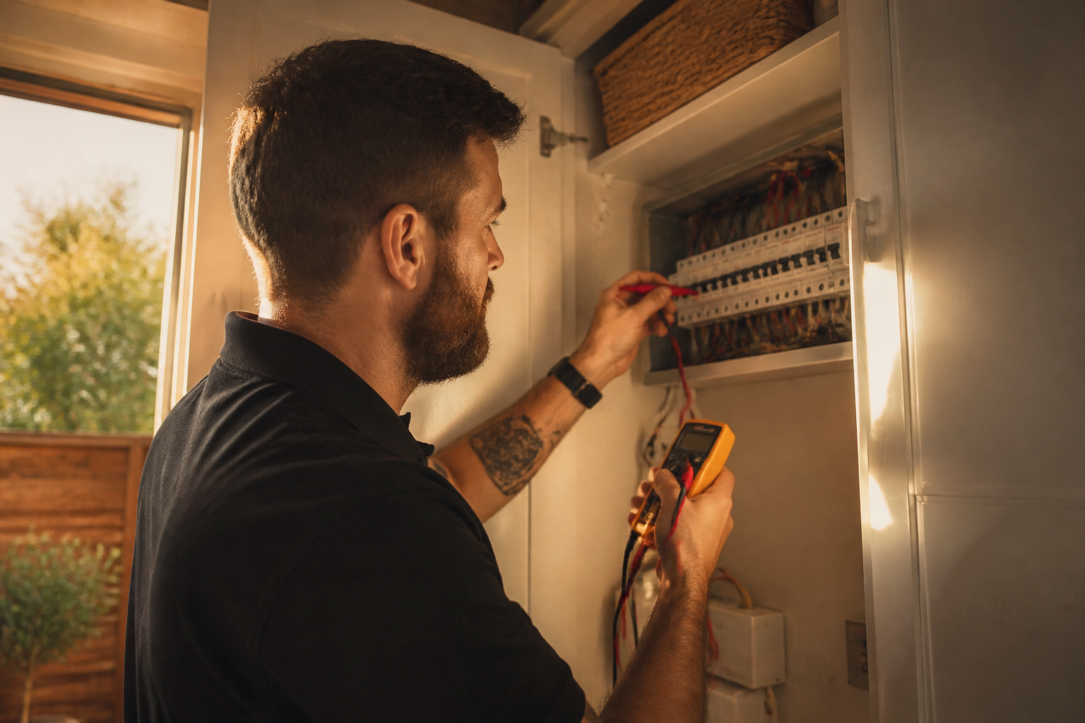 A qualified UK electrician checking an electrical consumer unit inside a home utility area.