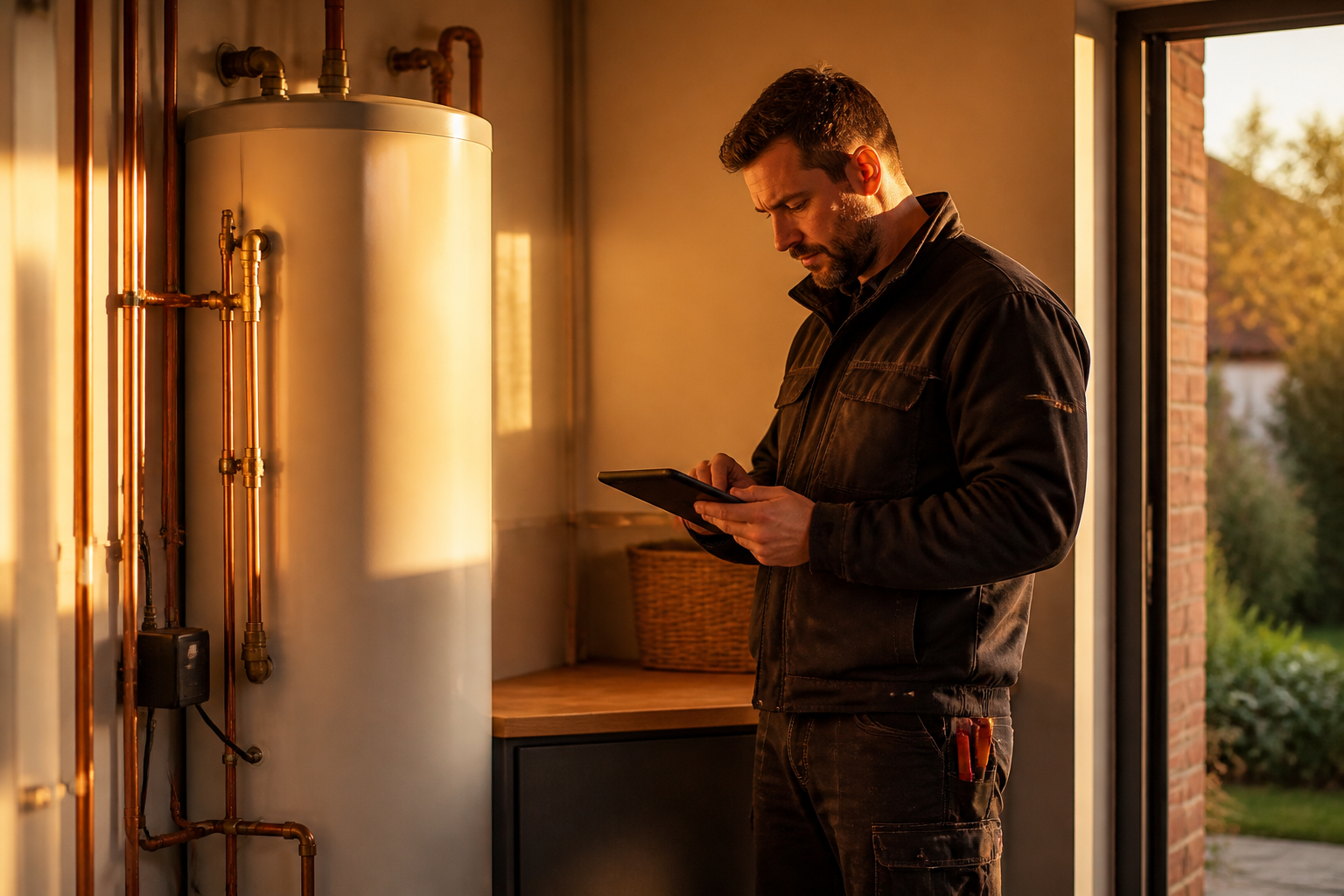 A heating engineer checking installation details on a tablet in a home utility room.