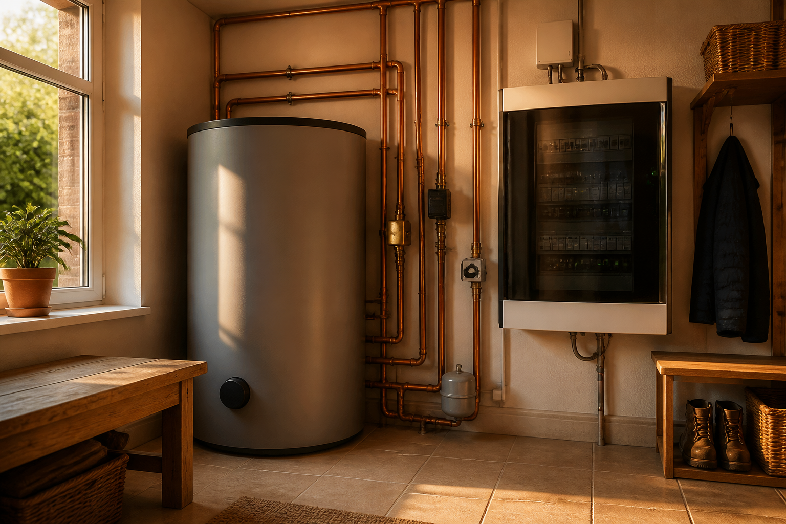 Thermal heat battery unit connected to domestic copper plumbing in a modern utility space.