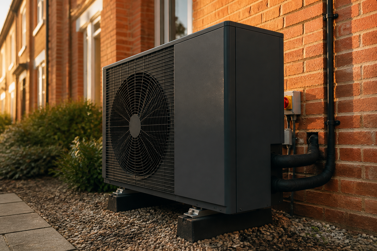 Air source heat pump outdoor unit installed against a modern UK house wall.