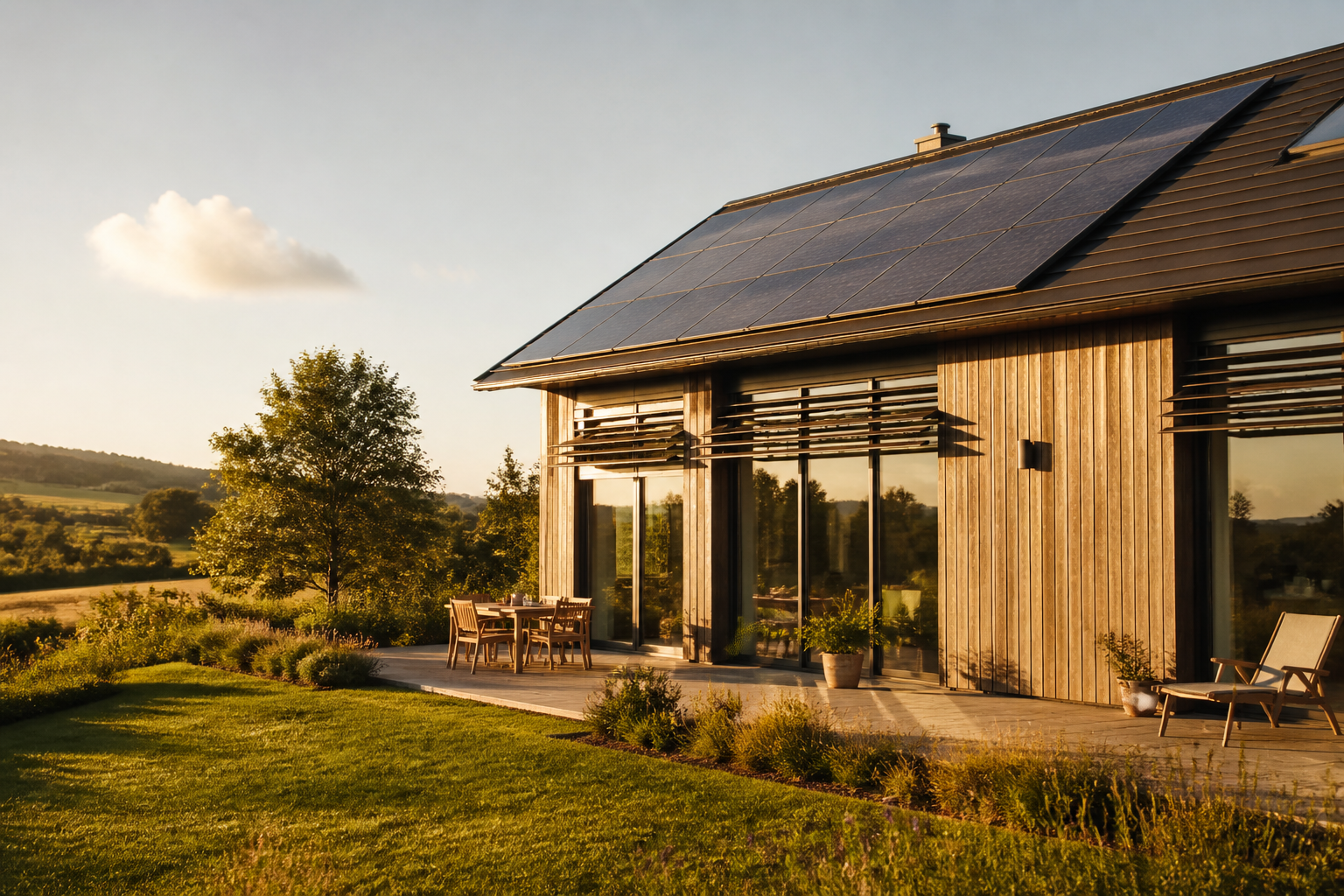 Modern UK eco home with rooftop solar panels, timber cladding, and triple-glazed windows.