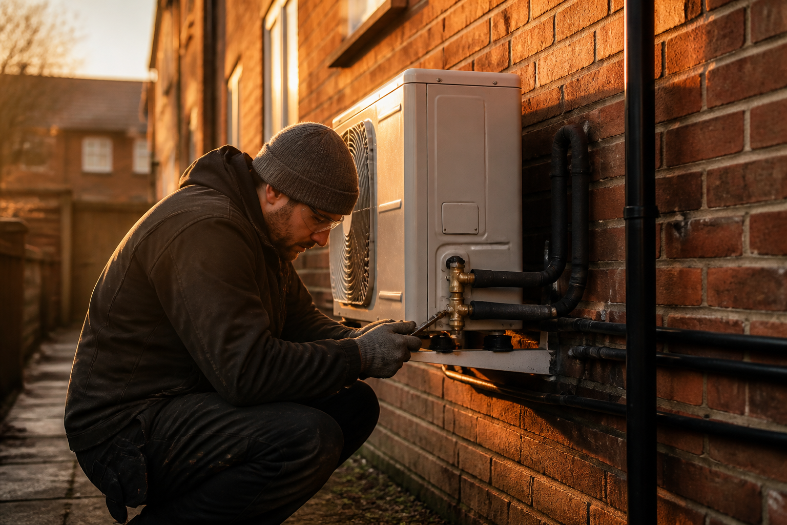A certified heat pump installer completing electrical and pipework connections on an outdoor unit.