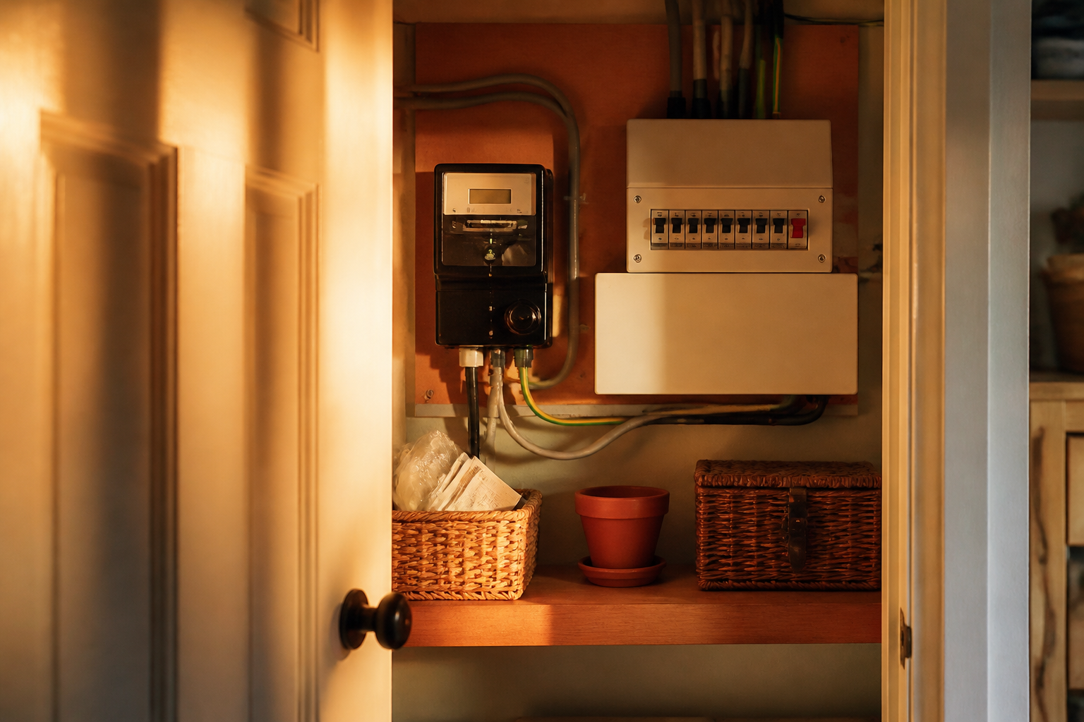 UK home electricity meter in a utility cupboard.