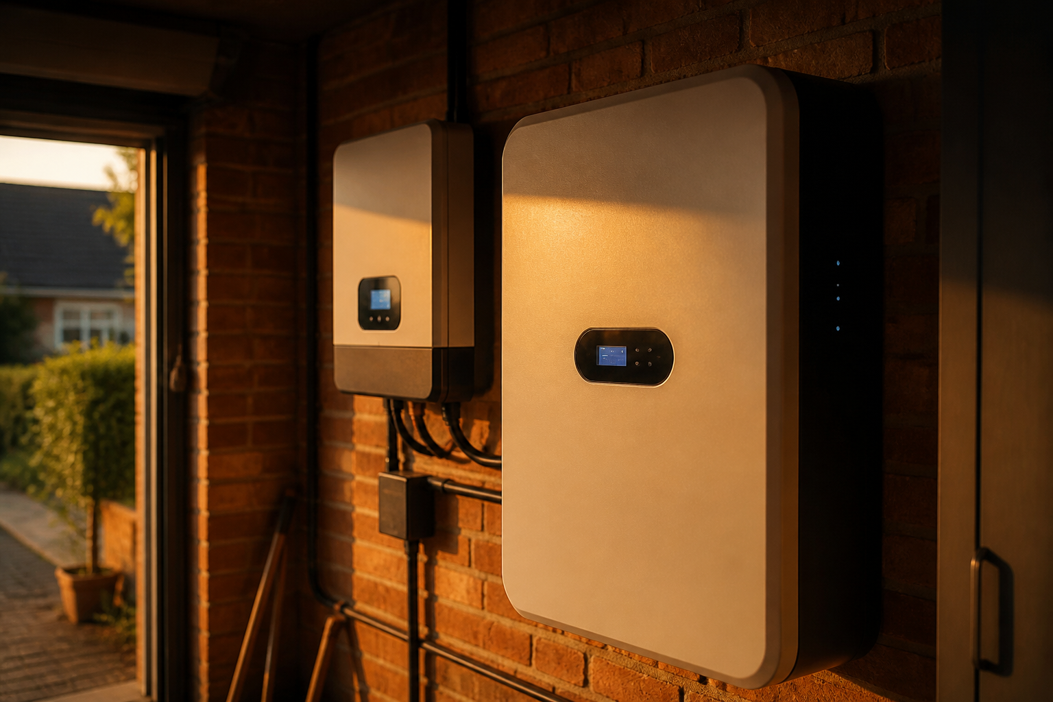 A home battery storage system and solar inverter installed inside a UK garage.