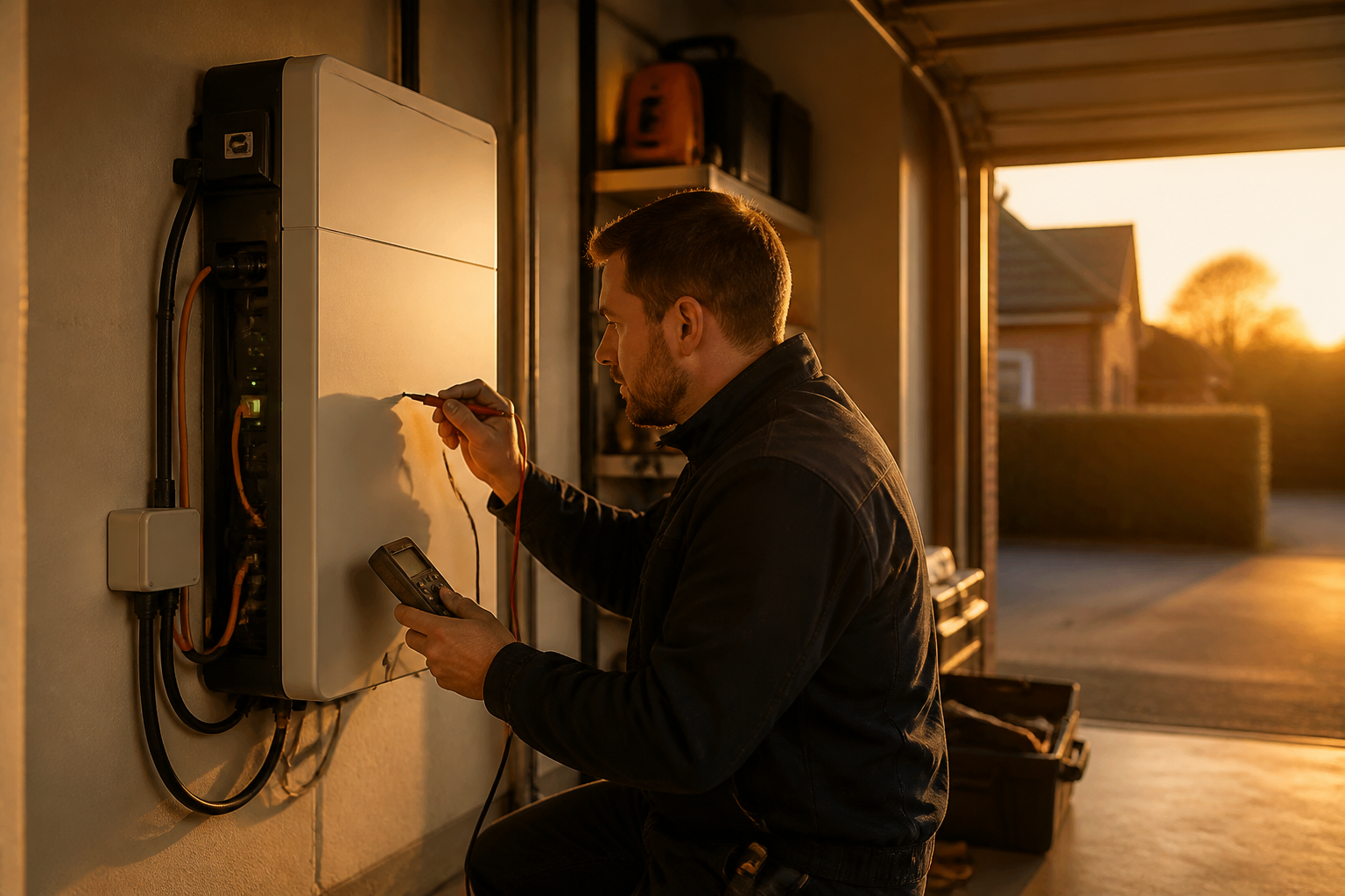 An electrical technician inspecting a home battery storage unit installed in a garage.