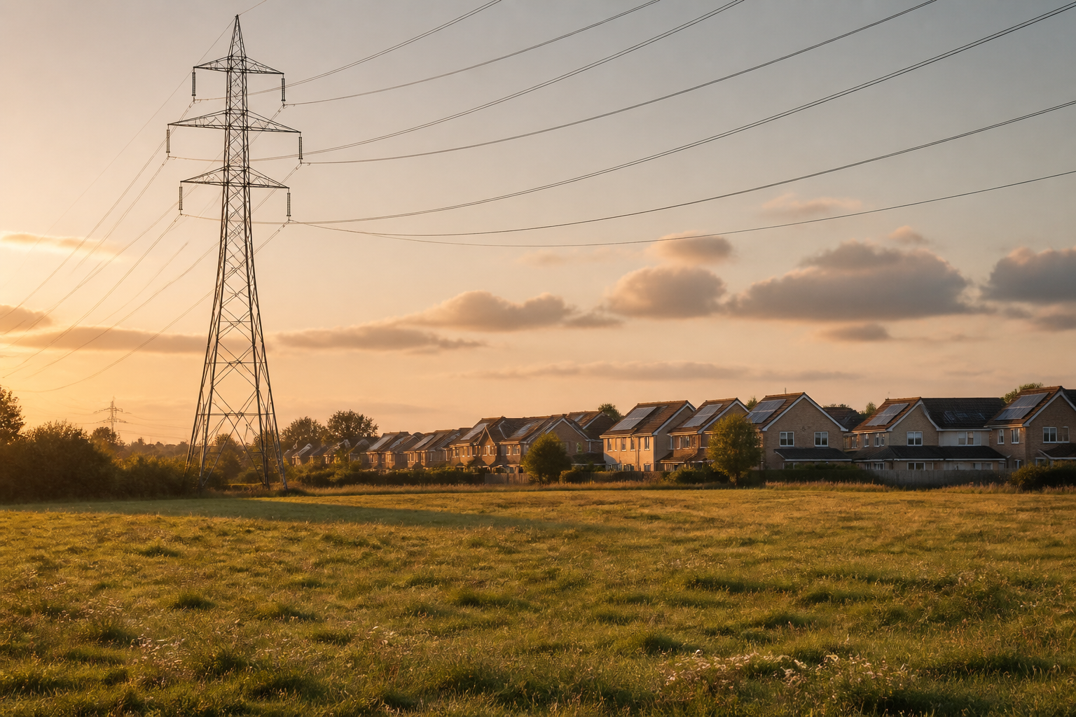 An electricity pylon standing in a British field with suburban homes featuring solar panels in the background.