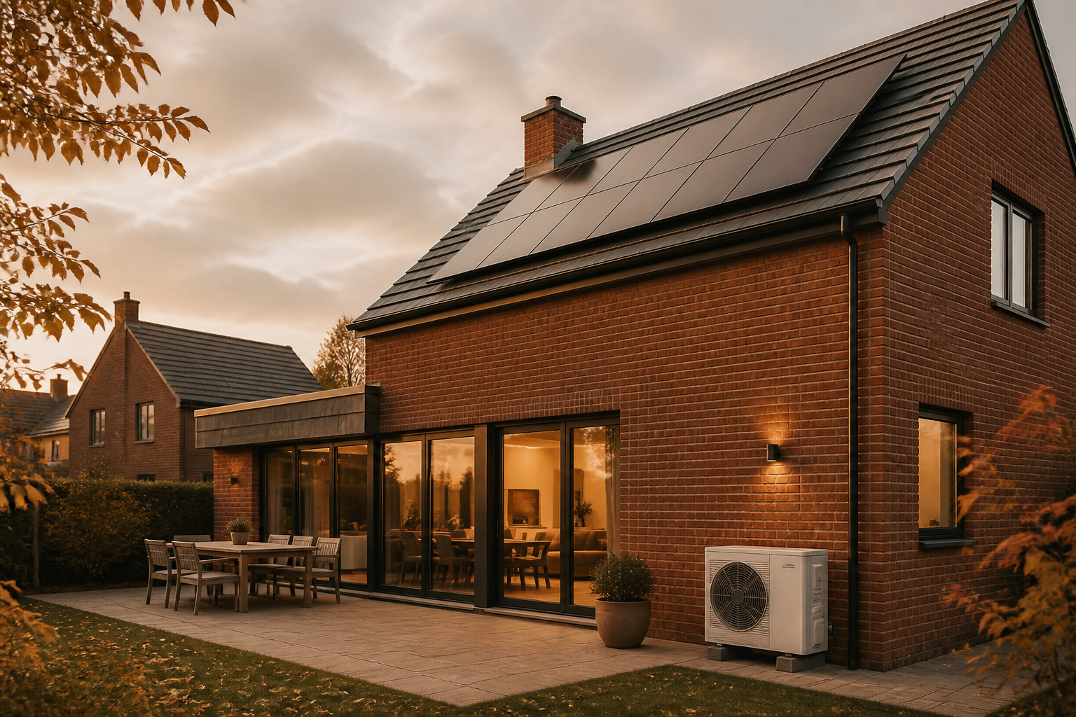 UK home with rooftop solar panels and an outdoor heat pump unit beside a brick exterior wall.